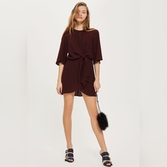 Topshop Knot Front Mini Dress in Oxblood - Picture 1 of 12